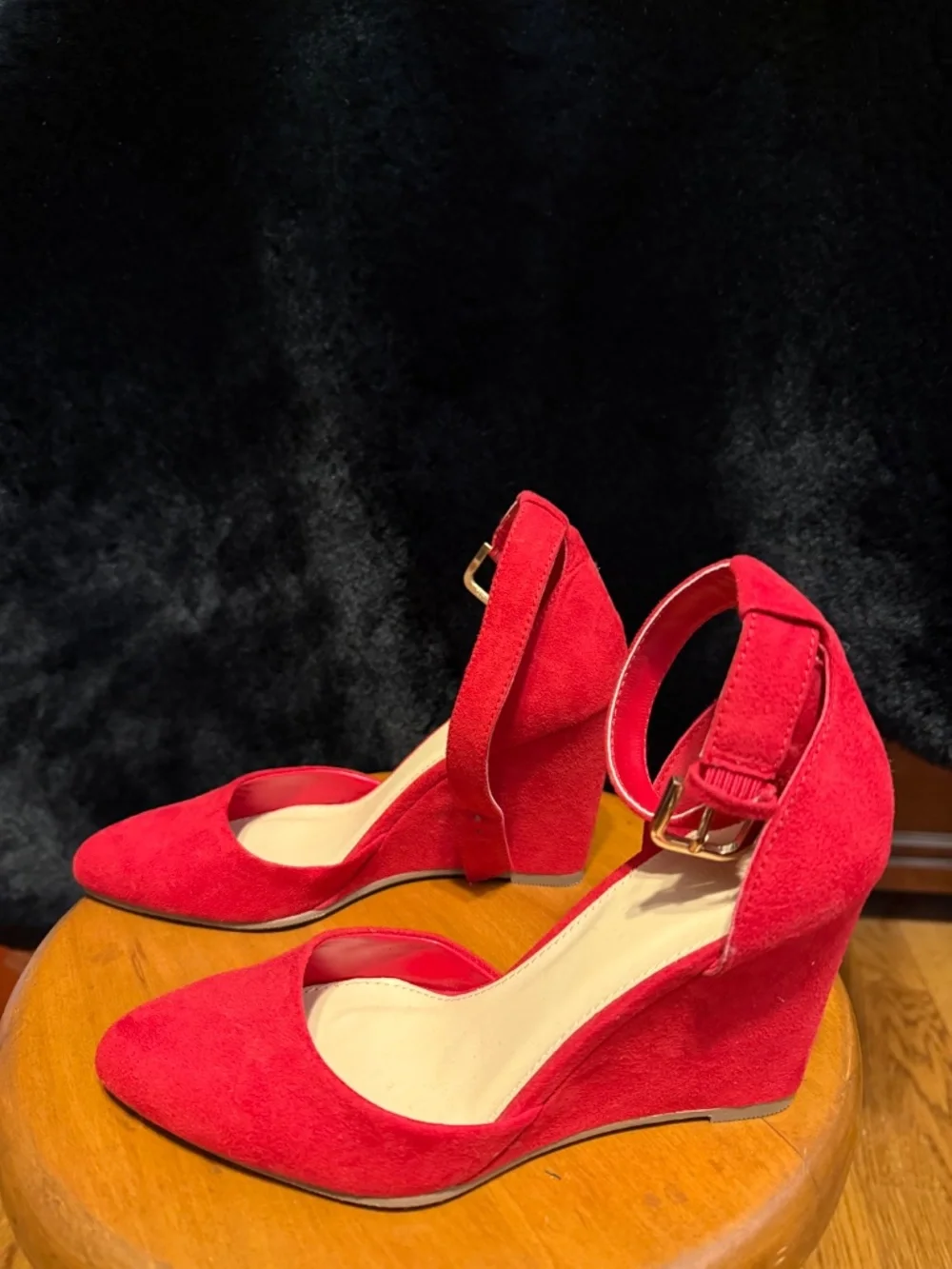 Red suede like ankle strap wedge
